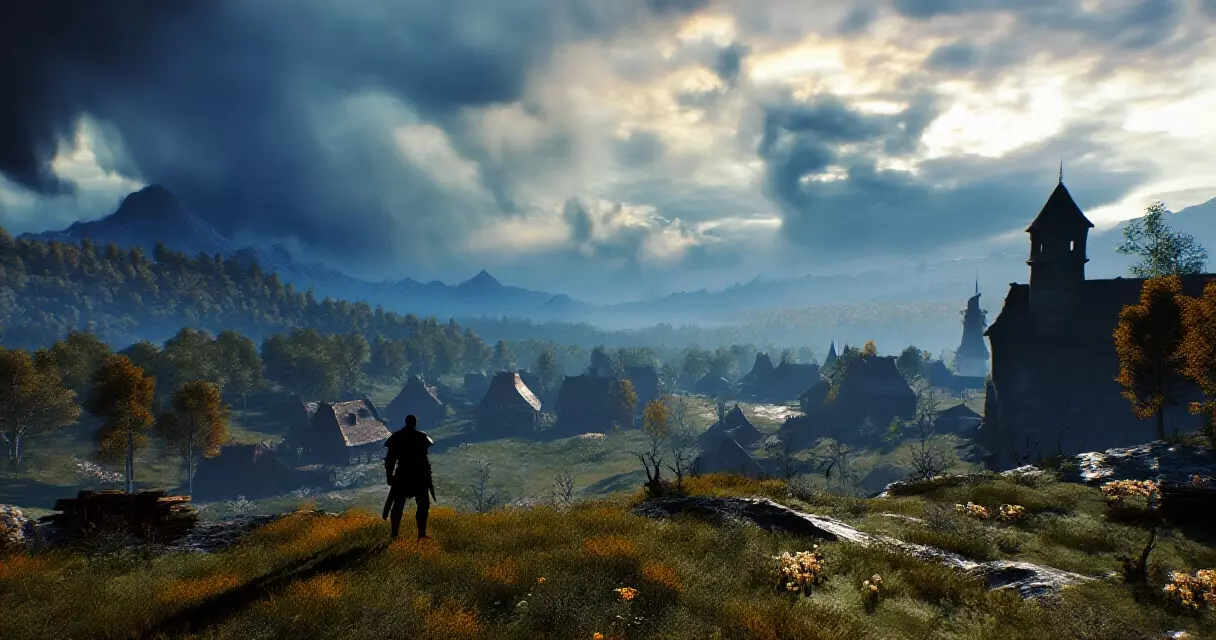 The Witcher 3 Wild Hunt open world landscape with dramatic stormy sky