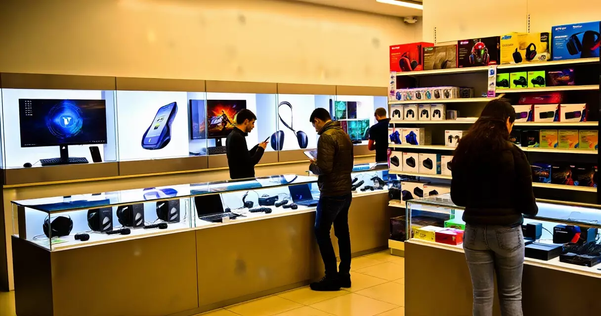 Gaming hardware display cases in a busy electronics retail store at console launch
