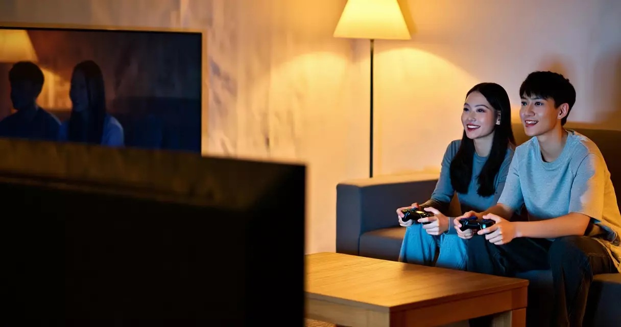 Couple playing co-op games together on couch with controllers