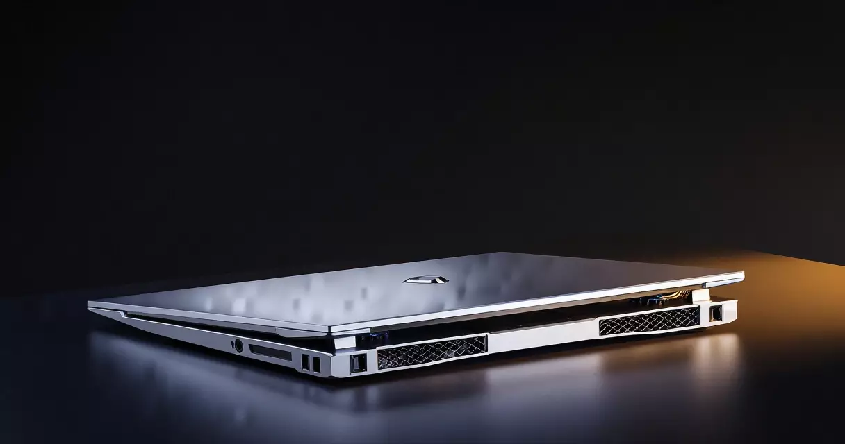 Gaming laptop on a cooling pad on a desk, optimized for high-demand gaming performance