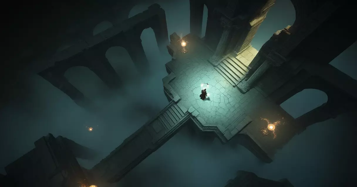 Atmospheric RPG scene with glowing magical ruins and mysterious fog representing story-driven gameplay