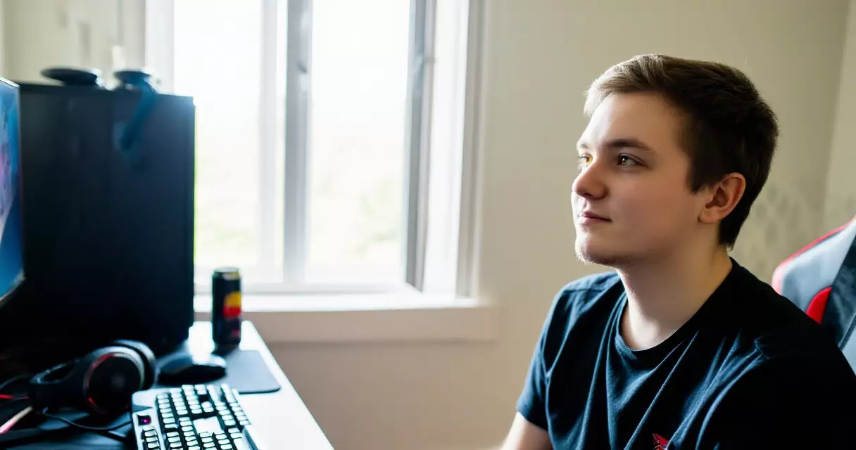 Gamer looking away from monitor toward a window to rest eyes during play session