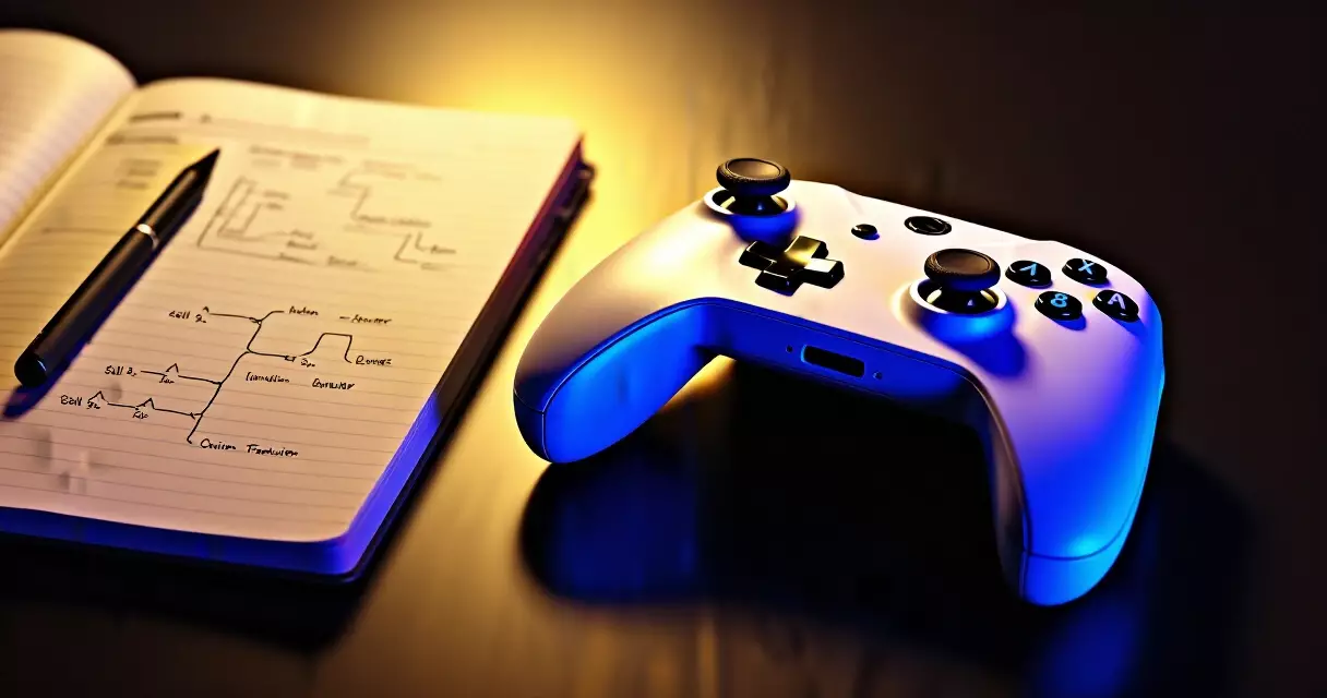 Game controller on desk next to RPG character sheet notebook, cinematic lighting
