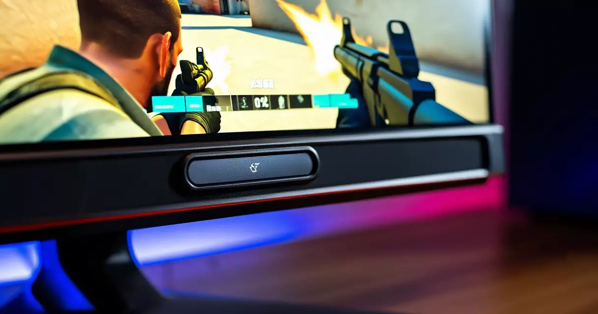 High-refresh gaming monitor showing a fast-paced first-person shooter at a tournament-style desk