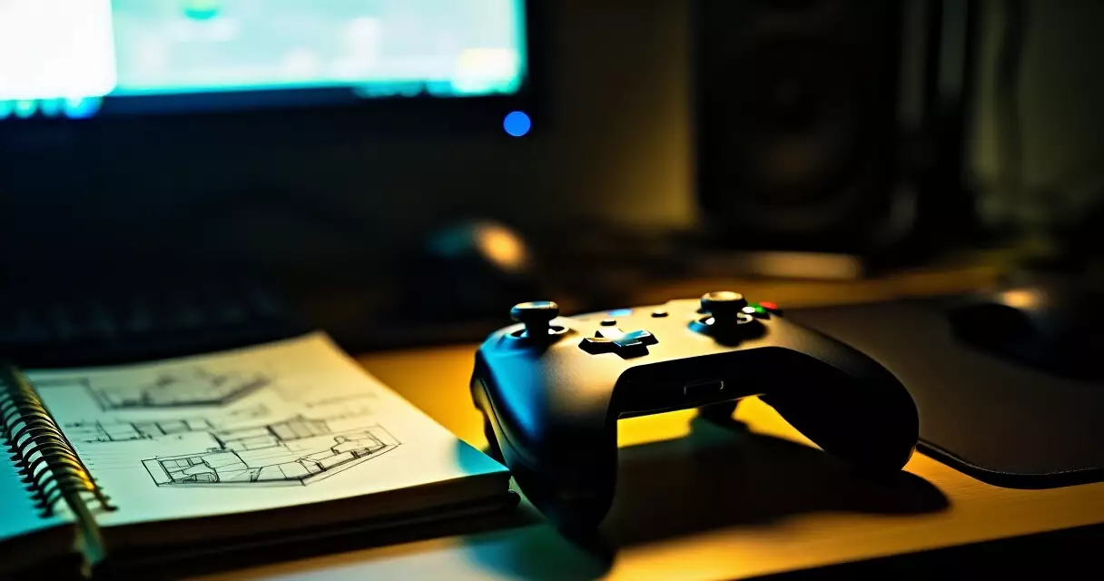 Game controller and design sketches on a desk during indie game development