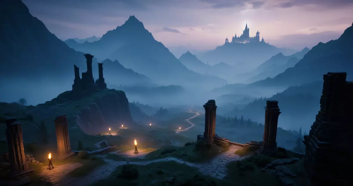 Fantasy RPG landscape with misty mountains, ruins and torchlit paths