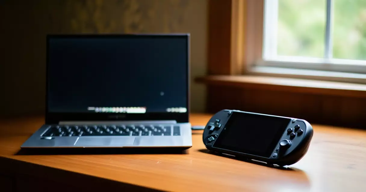 Handheld gaming PC and gaming laptop on a desk — portability vs performance comparison