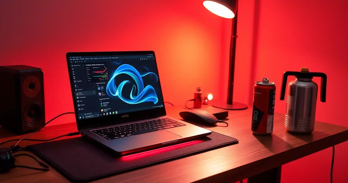 Gaming laptop on a cooling pad next to a can of compressed air on a desk
