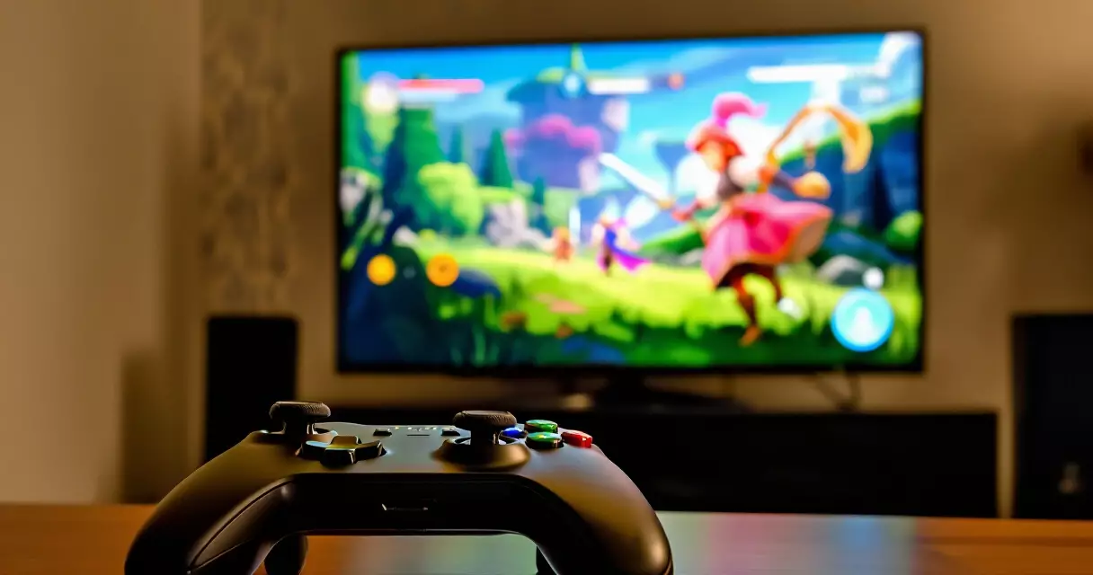 Gaming controller and TV showing a colorful adventure game scene