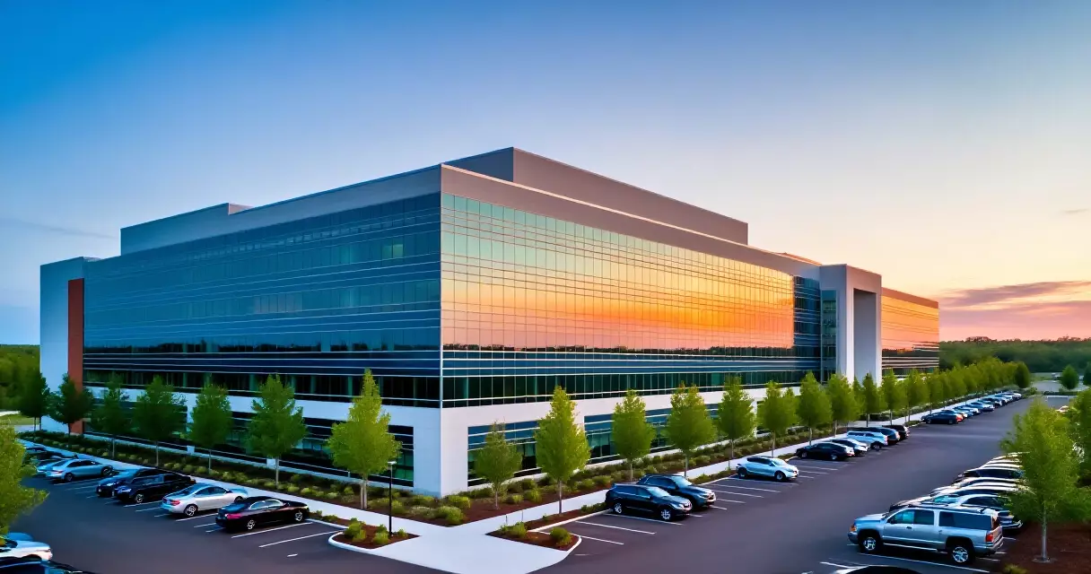 Corporate headquarters campus exterior at dusk, glass facade reflecting sunset sky