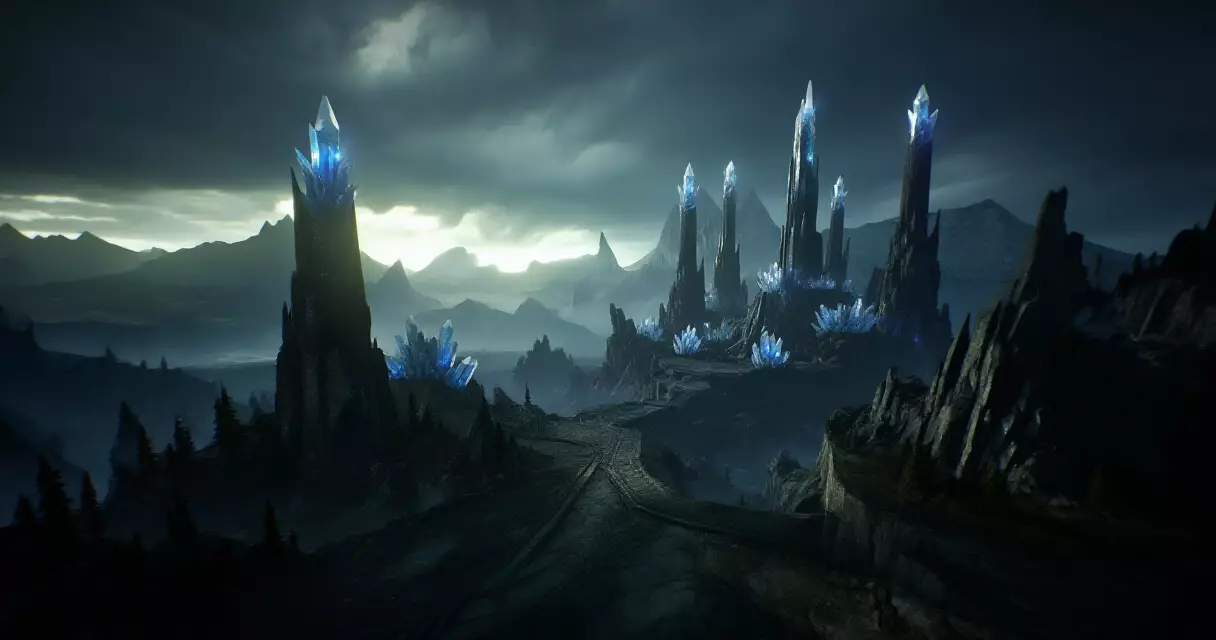 Valisthea dark fantasy world from Final Fantasy XVI with glowing Mothercrystals