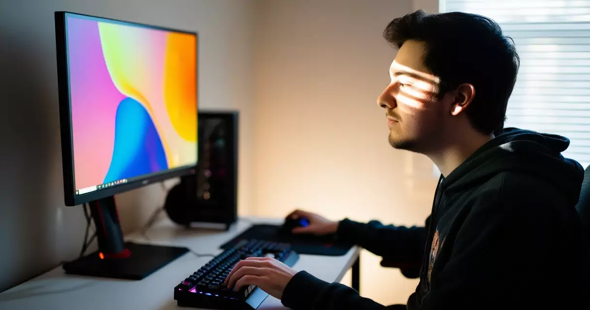 Focused gamer at desk with natural light, illustrating attention and cognitive engagement
