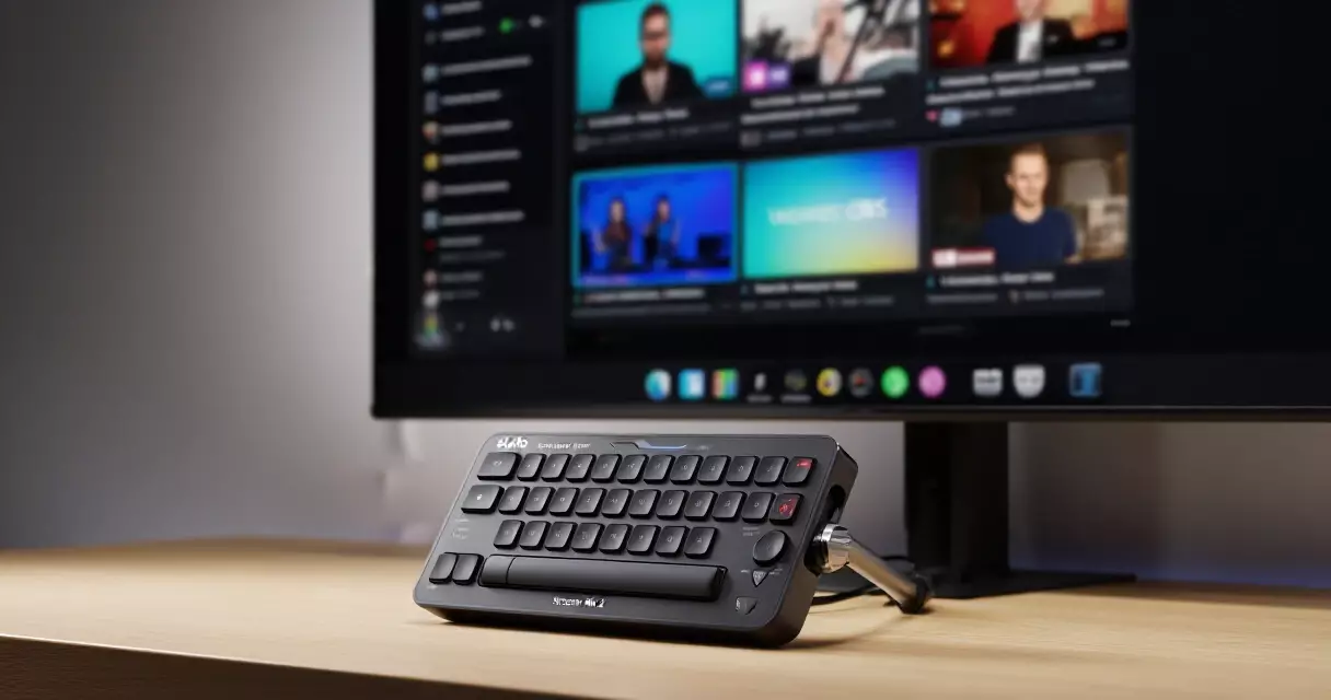 Elgato Stream Deck MK.2 with LCD buttons lit up on a streamer's desk