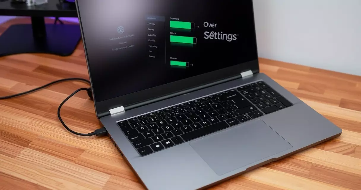 Gaming laptop charging while battery and power management settings appear on screen