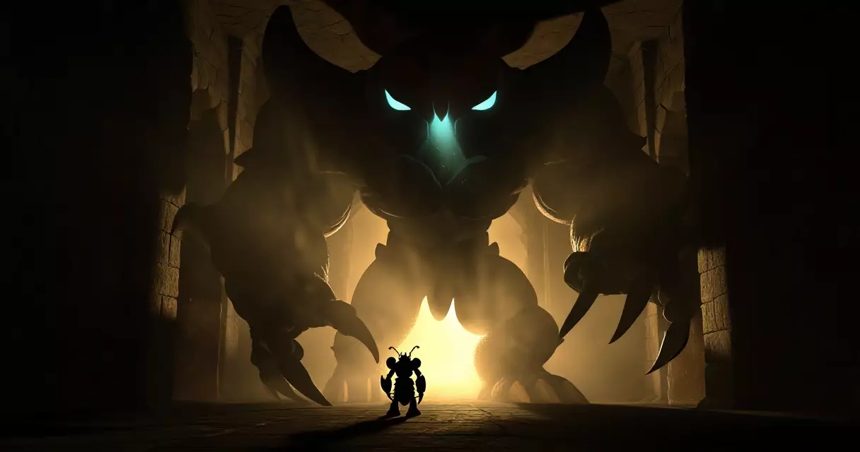Small knight silhouette facing a glowing boss enemy in a dark underground stone arena