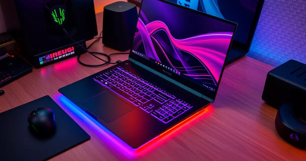 Gaming laptop with RGB keyboard on gaming desk