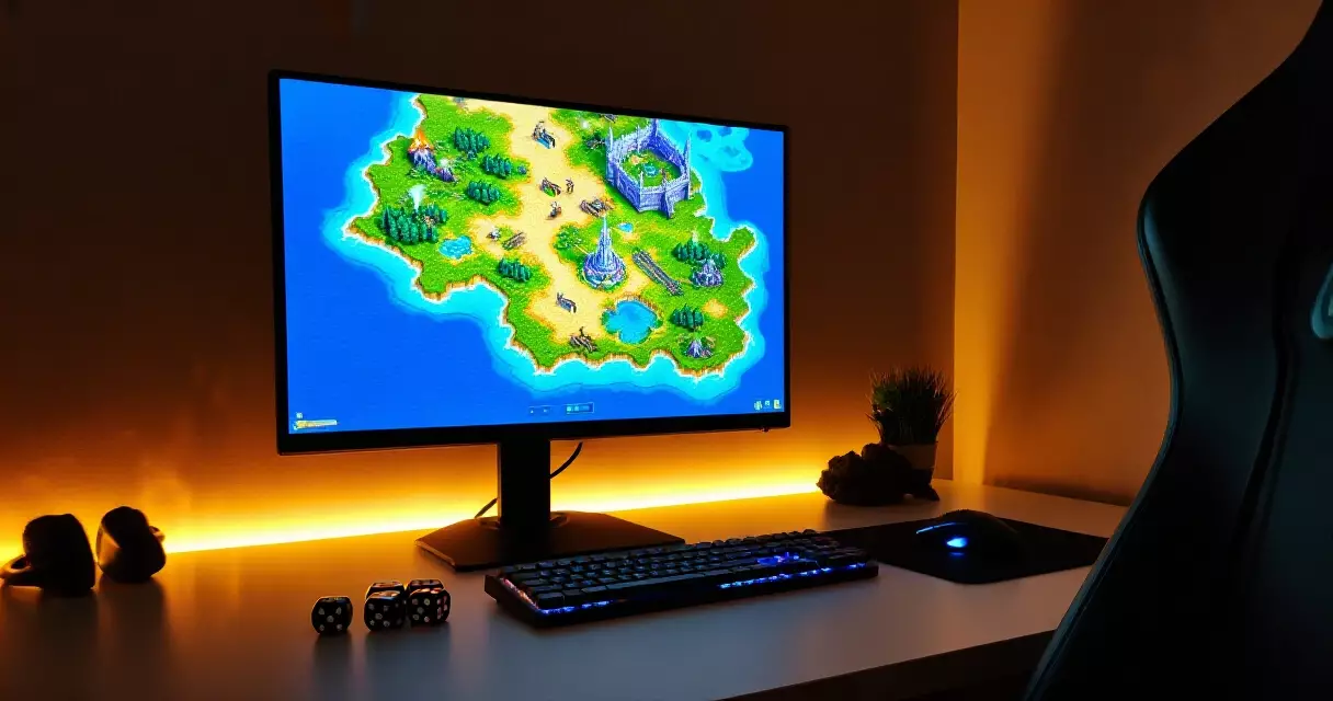 Beginner gaming desk setup with RPG game on screen and dice
