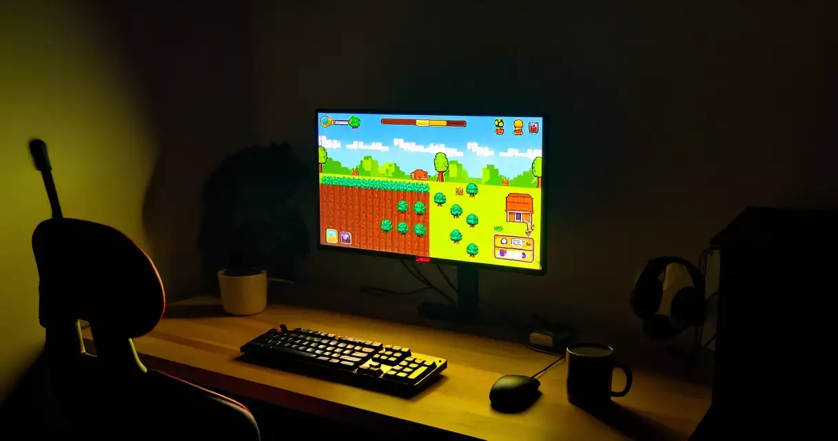Home setup showing a colorful pixel-art indie game on a monitor