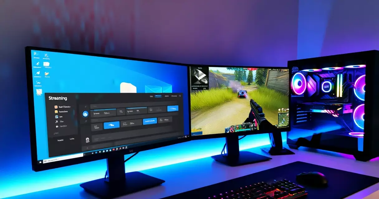Dual-monitor streaming desk setup with game and streaming software visible on separate screens