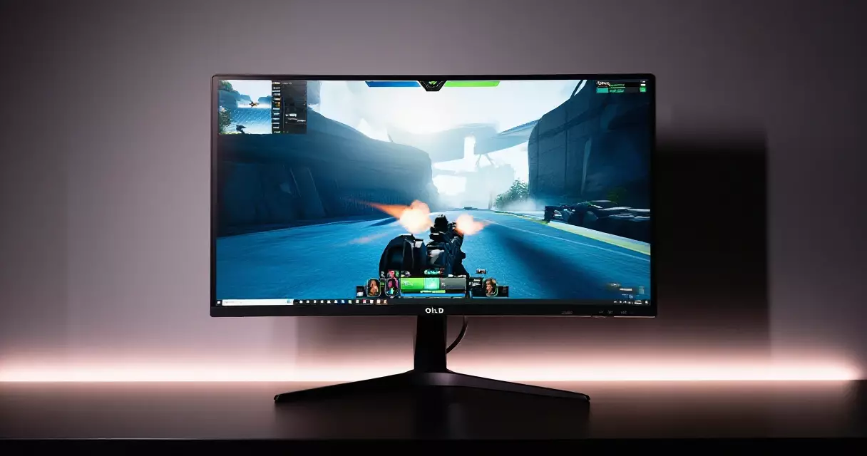 ASUS ROG Swift OLED PG27AQDP gaming monitor on a desk showing a bright game scene