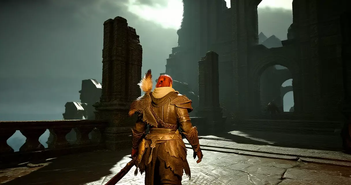 Dragon Age The Veilguard gameplay in ancient elven ruins with dramatic lighting
