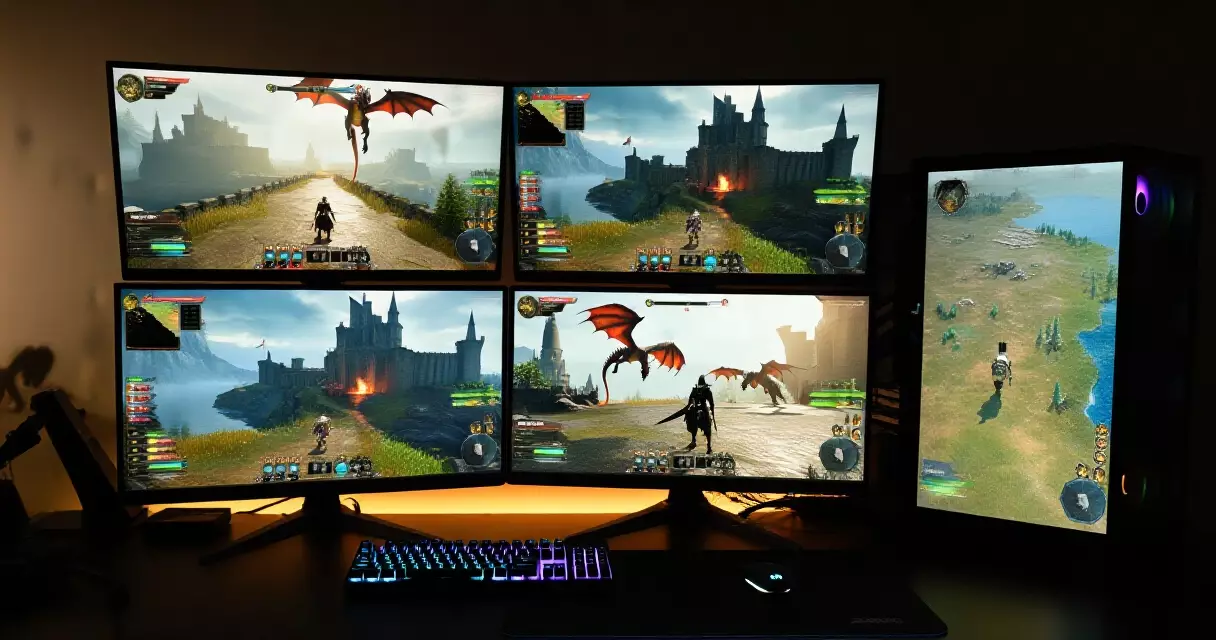 PC gaming setup showing best RPG games for PC on dual monitors