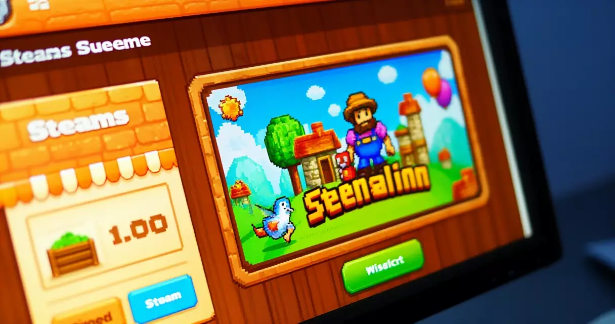 Store page mockup for an indie game showing a wishlist button on a monitor
