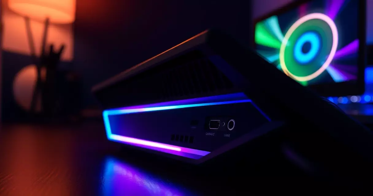 Close-up of gaming laptop cooling vents and rear ports with RGB glow