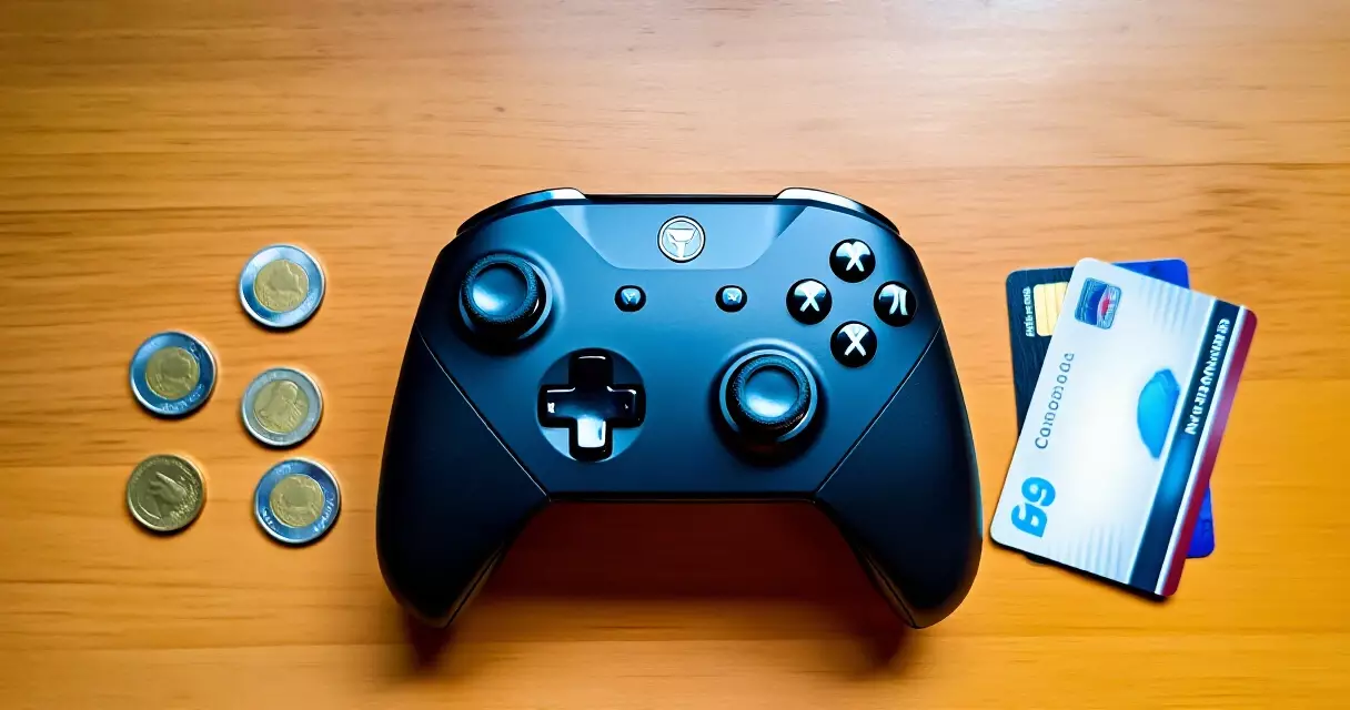 Gaming controller and currency representing free-to-play game spending habits