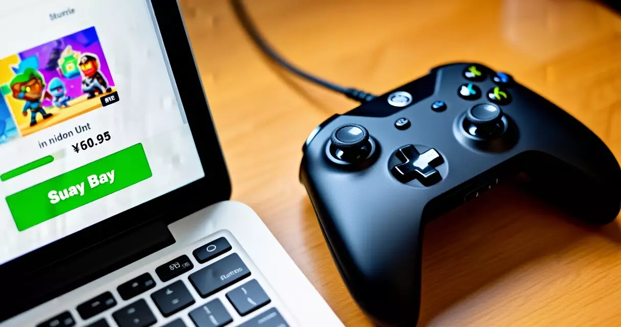 Steam indie game store page on a laptop screen with a controller on the desk
