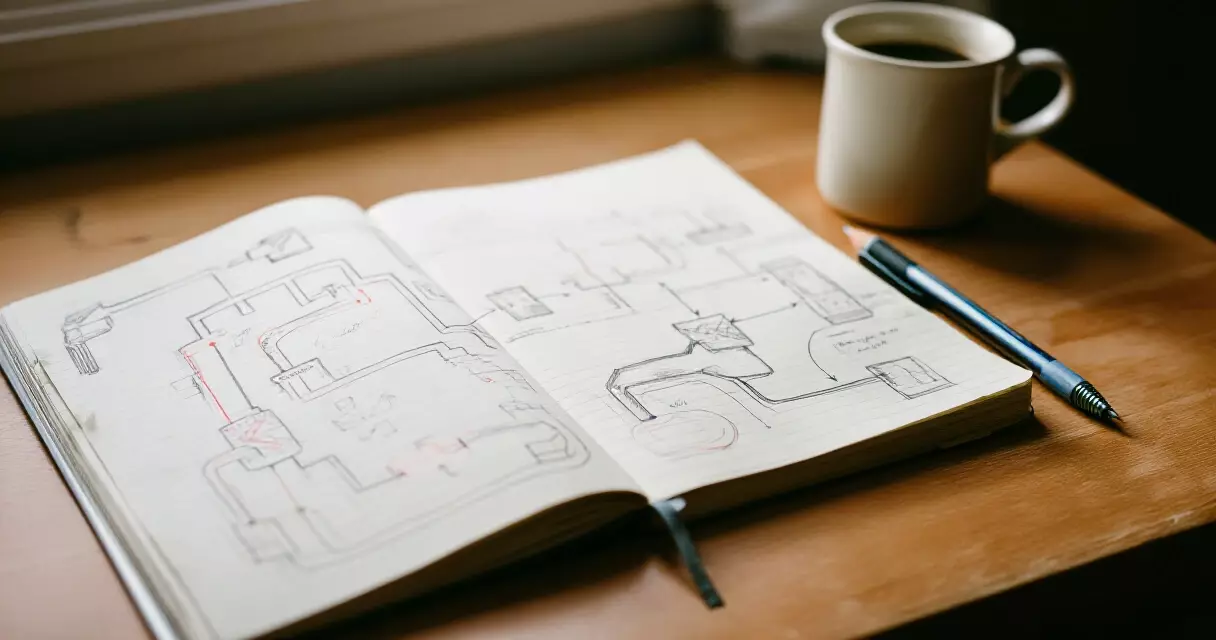 Hand-drawn indie game design sketches on a notebook at a developer's desk
