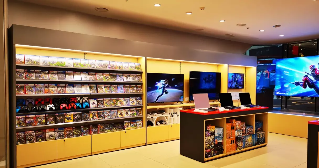 Interior of a specialist video game retail store in a Singapore mall