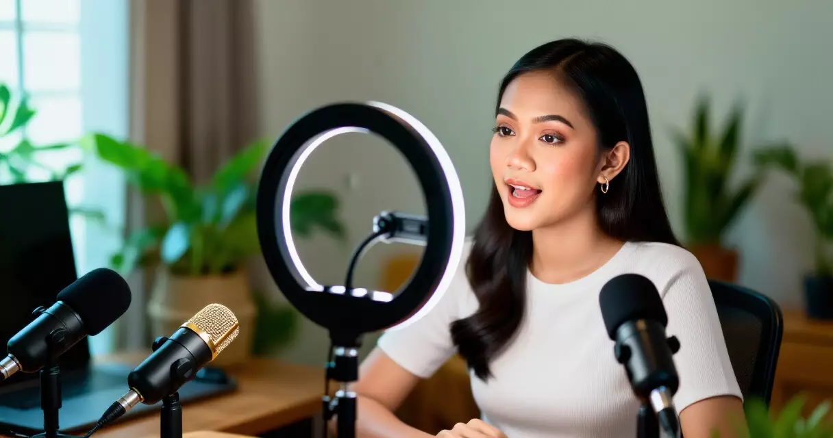 Content creator in a Singapore home studio recording video, professional lighting setup