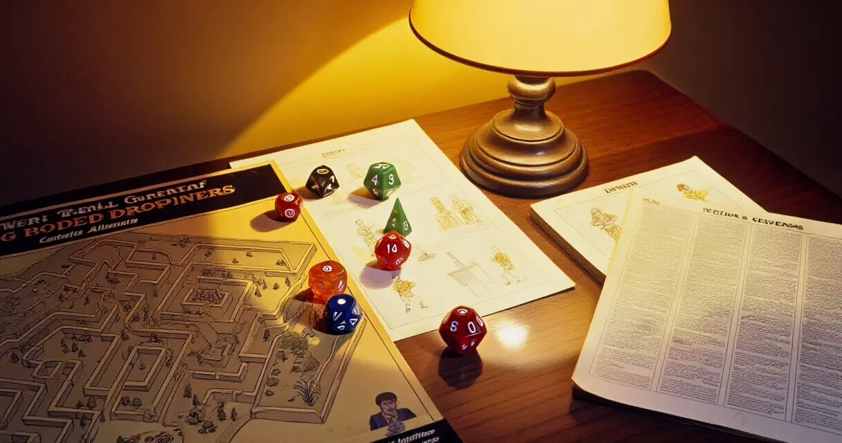 Vintage Dungeons and Dragons tabletop setup with dice and hand-drawn maps