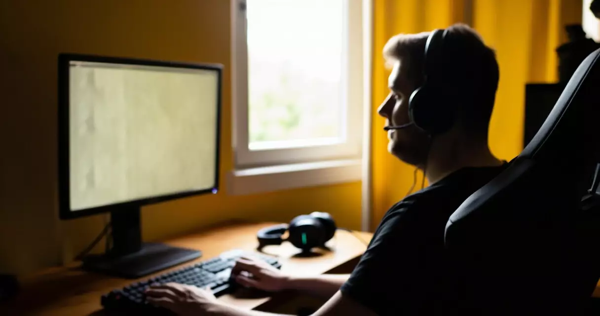 Gamer taking an eye break from the screen, looking toward a window during a gaming session