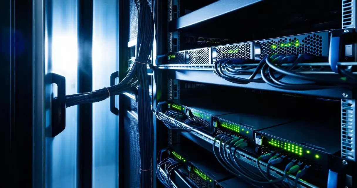 Server room with rows of data storage drives and glowing indicator lights
