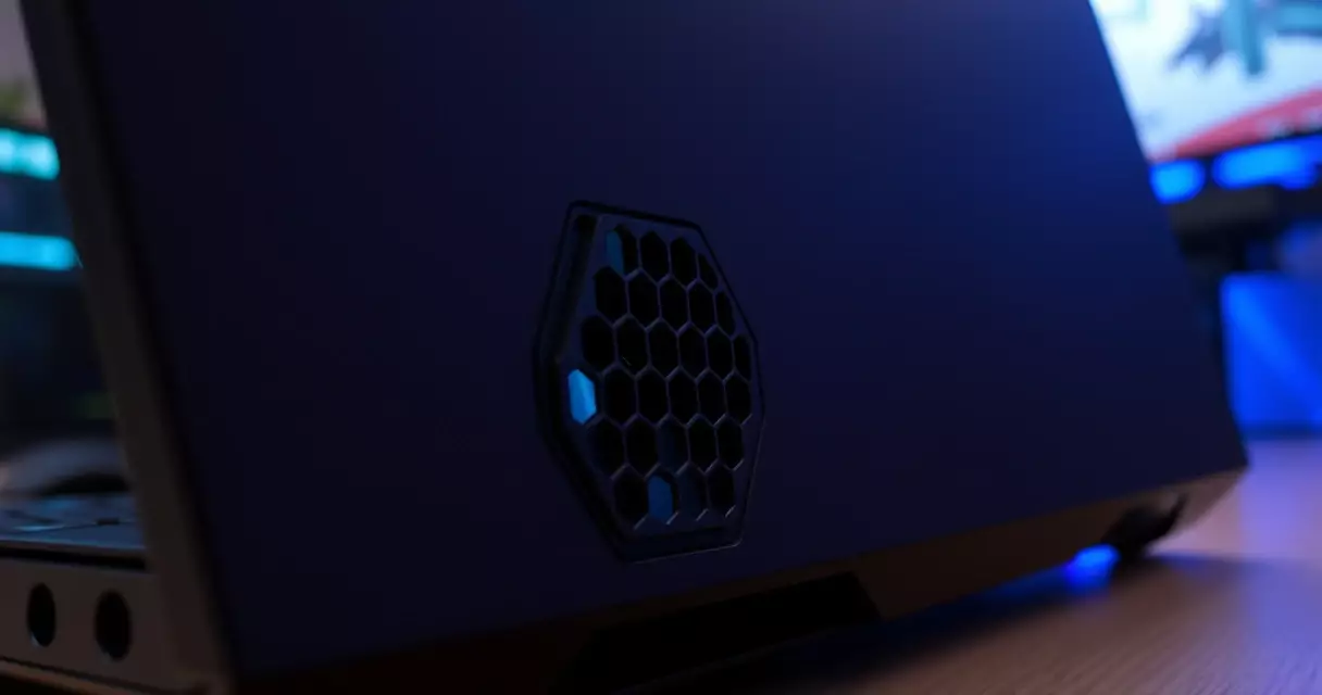 Close-up of gaming laptop rear cooling vents and exhaust