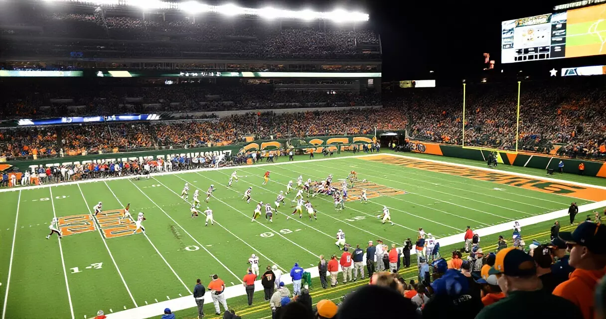 NFL stadium night game with players on field and packed crowd under floodlights