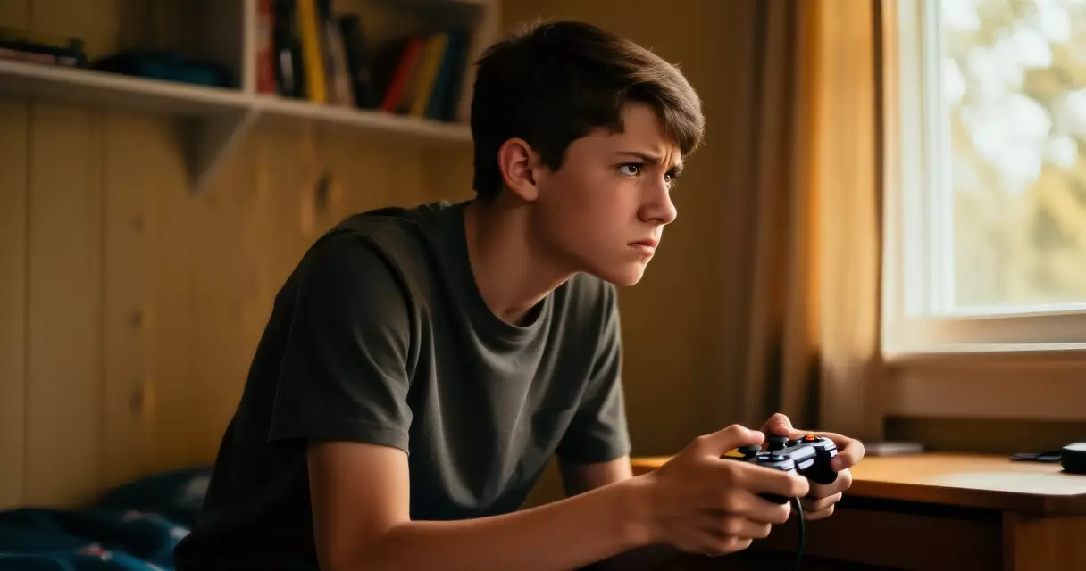 Teenager with focused expression holding a game controller in a warmly lit bedroom