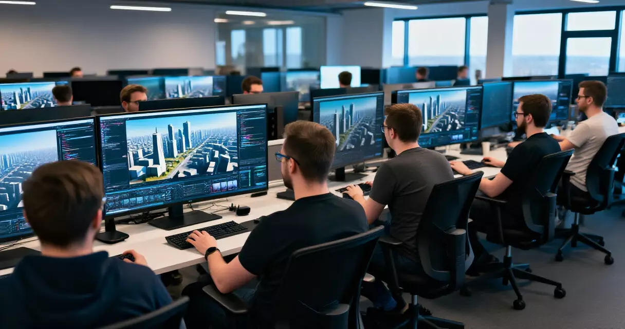 Large game studio office with developers building a cinematic 3D game