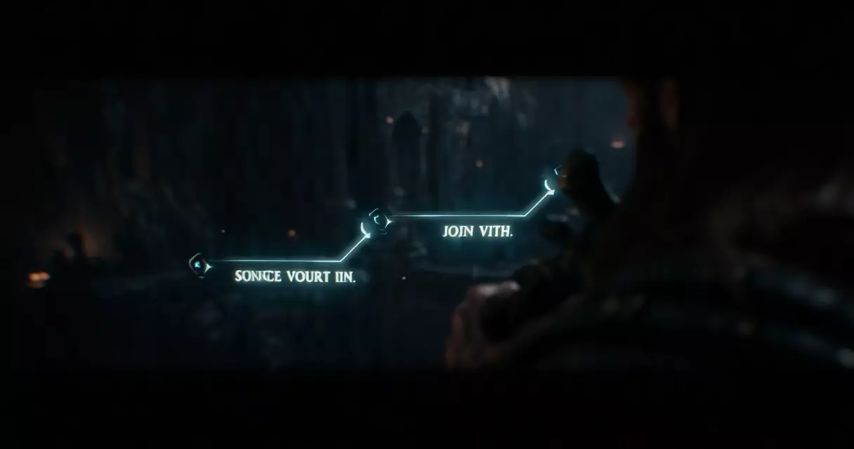 RPG dialogue choice screen showing branching narrative options in a dark fantasy setting