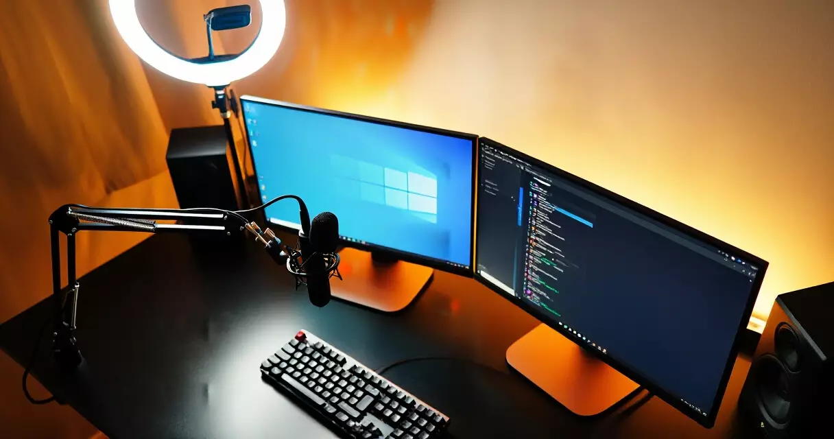 Game streaming desk setup with dual monitors, USB microphone, and ring light