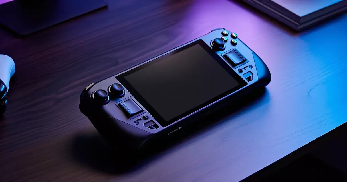 Steam Deck handheld gaming device on a desk with ambient lighting