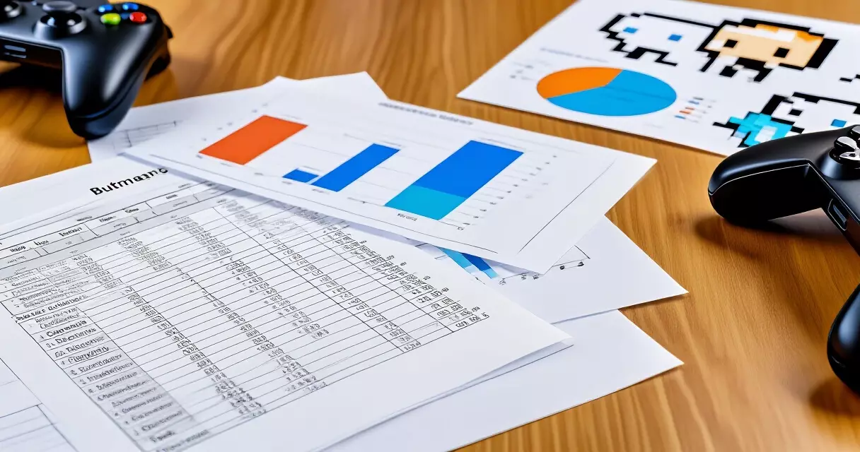 Indie game budget spreadsheet and concept art beside a controller on a desk