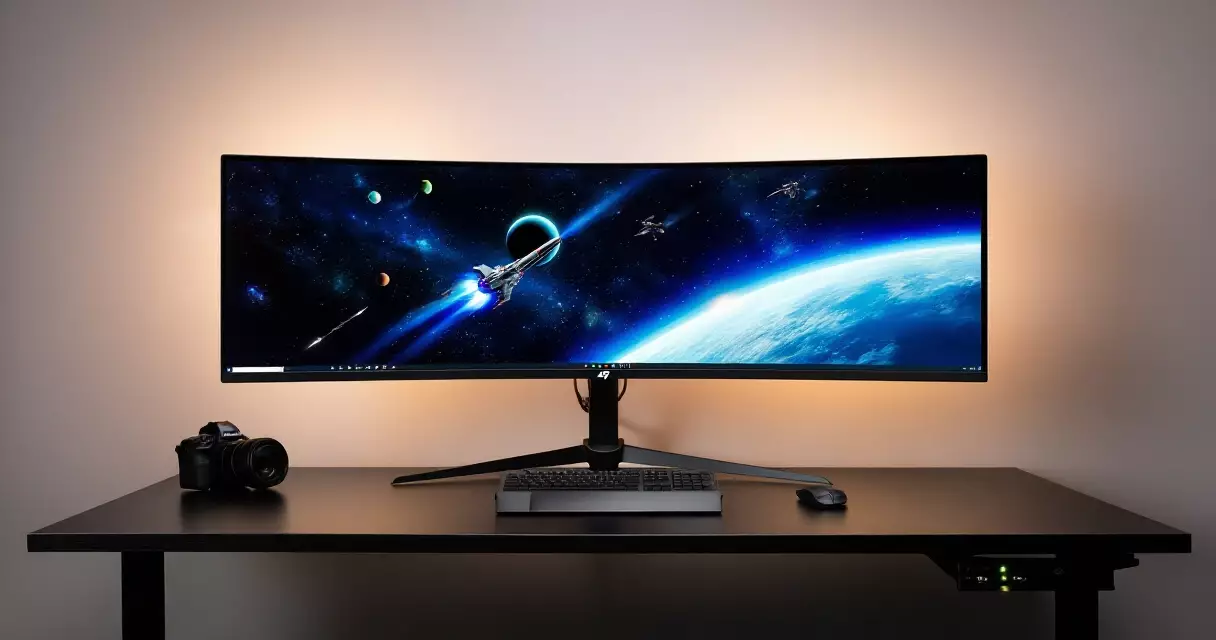 Curved 49-inch QD-OLED ultrawide gaming monitor on a dark desk