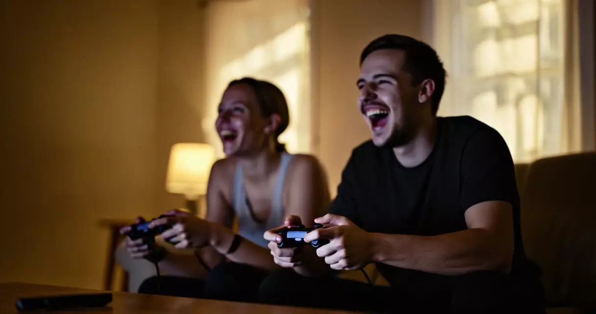 Friends playing a co-op video game together on a couch