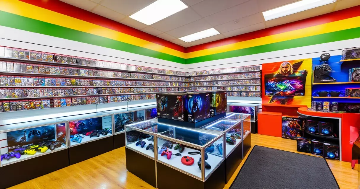 Gaming store interior showing shelves of console games and controller displays