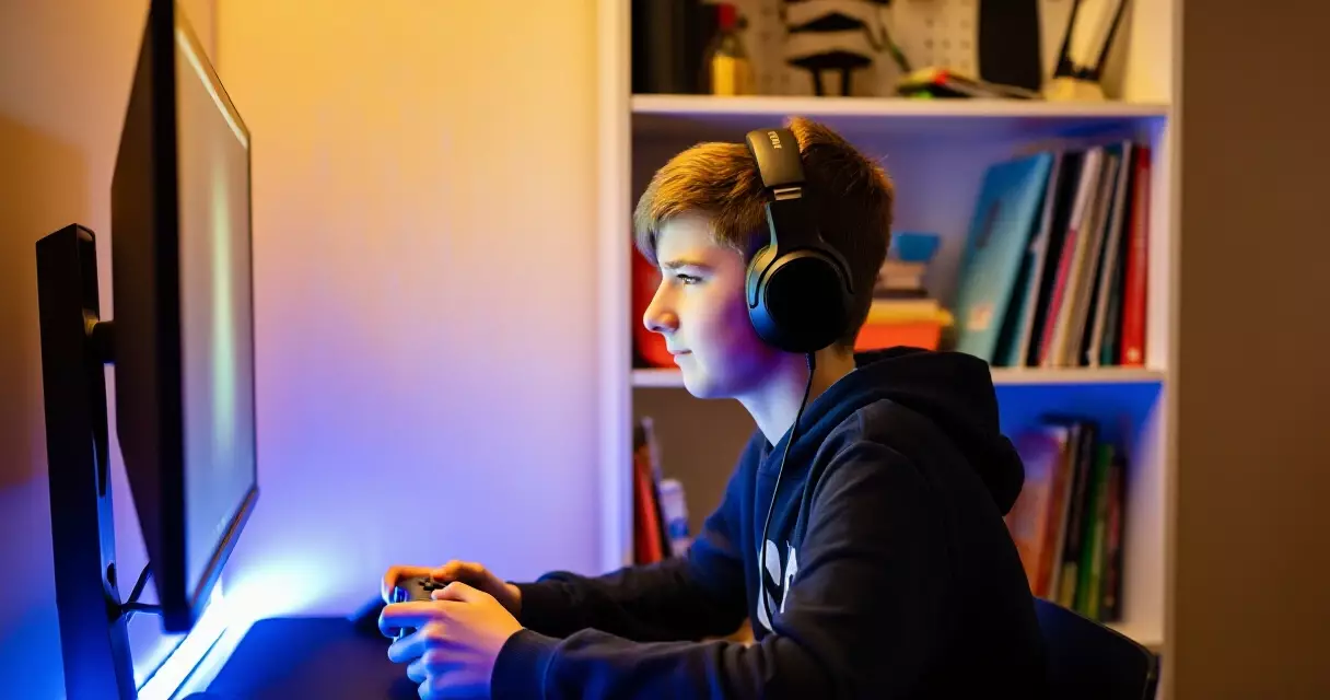 teenager with ADHD gaming at desk with headphones and controller