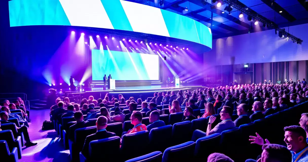 Convention hall with blue-purple stage lighting and packed audience seating