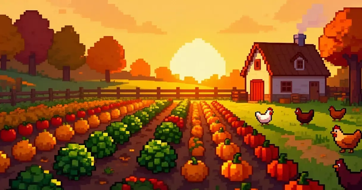 Stardew Valley-style pixel art farm at golden hour with crops, farmhouse and chickens